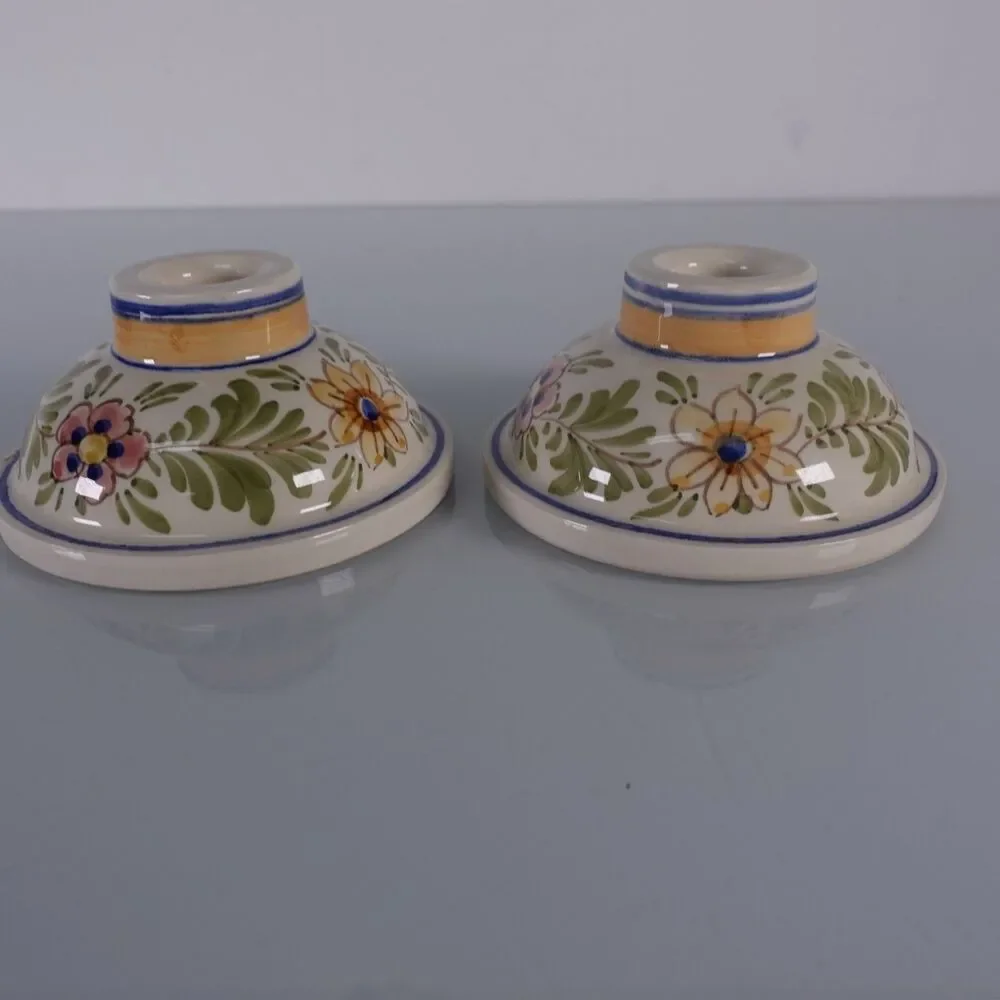Pair of Hand Painted Delft Ceramic Taper Candlestick Holders Floral Design READ